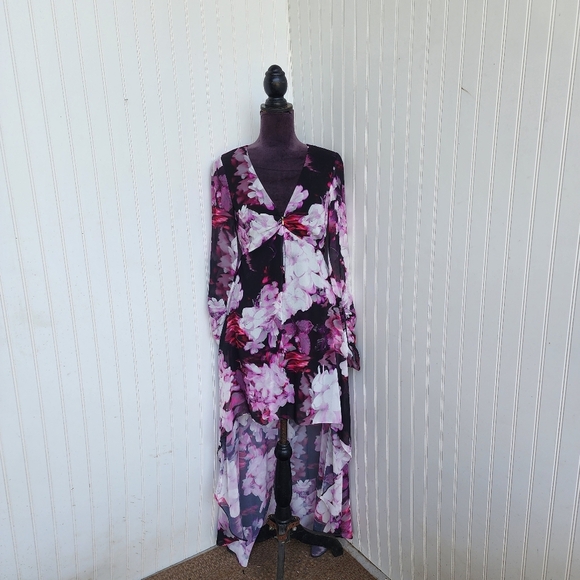 Guess by Marciano Womens Purple Black Hi Low Multi Fushion Sheer Long Sl Dress 4 - Picture 2 of 16